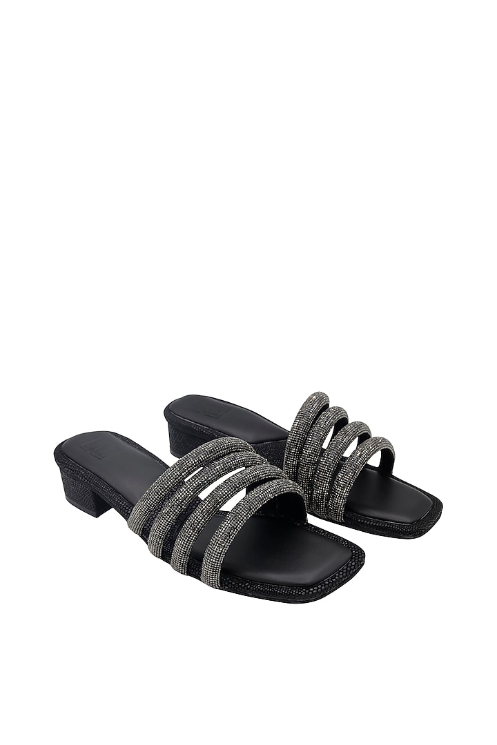 Black Vegan Leather Embellished Heeled Sandals by Veruschka By Payal Kothari at Pernia's Pop Up Shop