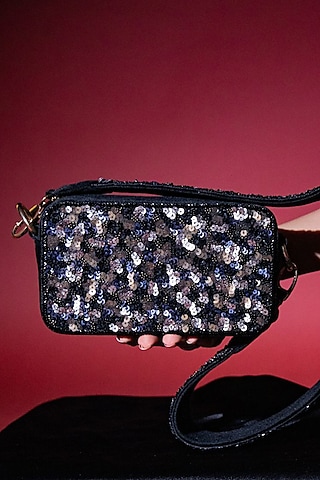 Black Velvet Sequins Embroidered Box Bag by Veruschka By Payal Kothari