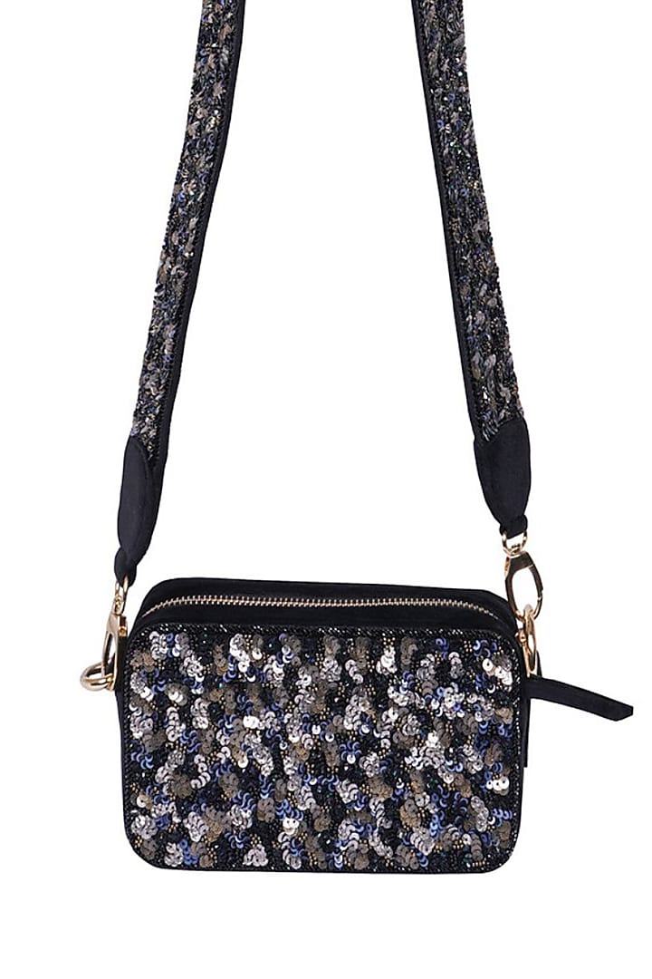 Black Velvet Sequins Embroidered Box Bag by Veruschka By Payal Kothari at Pernia's Pop Up Shop