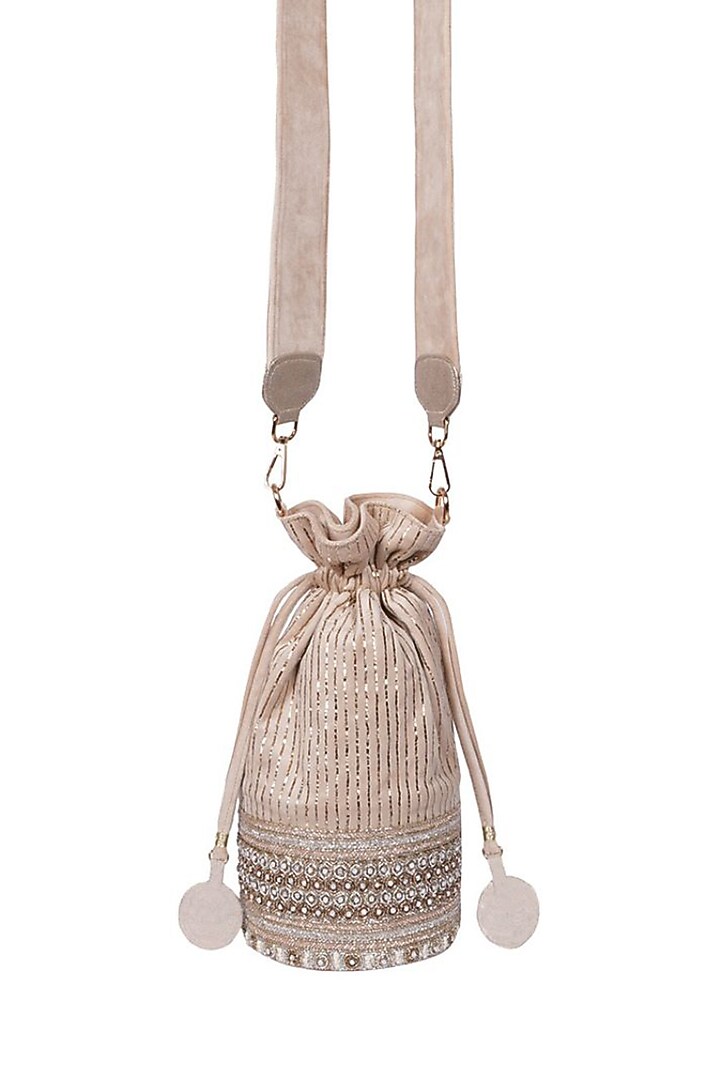 Cream Suede Pitta Embroidered Potli by Veruschka By Payal Kothari at Pernia's Pop Up Shop