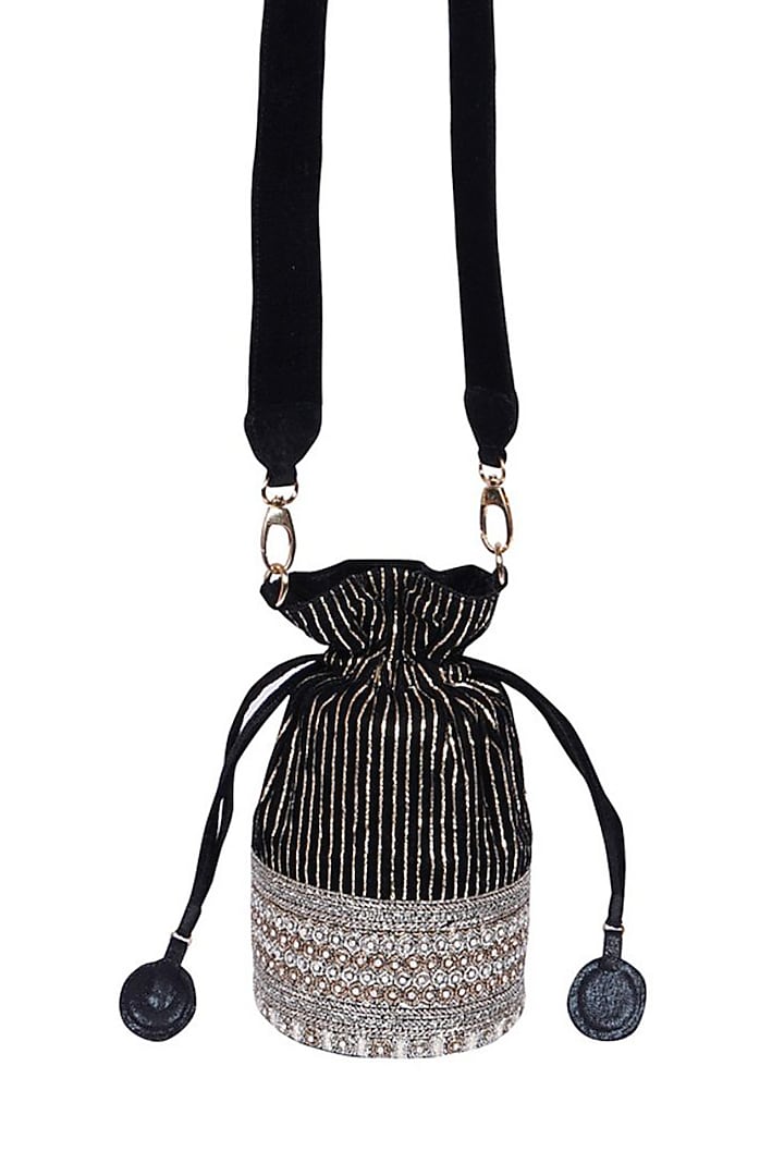 Black Suede Pitta Embroidered Potli by Veruschka By Payal Kothari at Pernia's Pop Up Shop