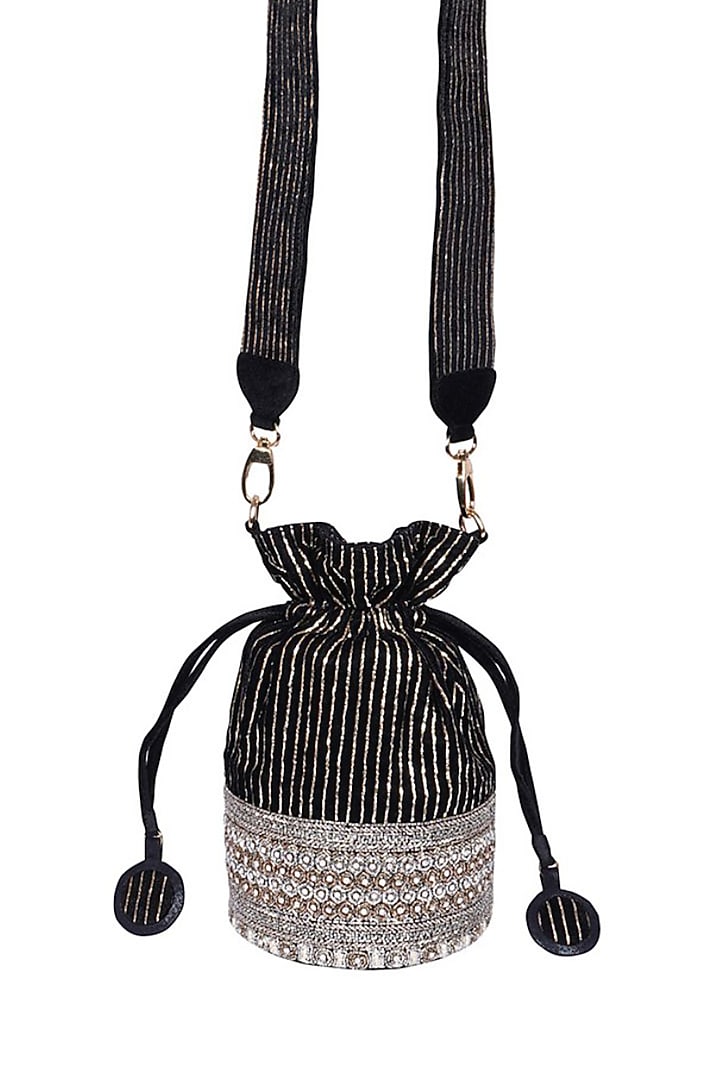 Black Suede Pitta Embroidered Potli by Veruschka By Payal Kothari at Pernia's Pop Up Shop