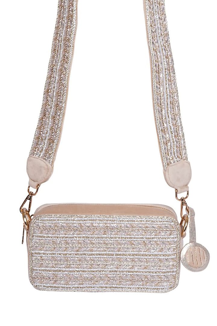 Beige Suede Salli Embellished Box Bag by Veruschka By Payal Kothari at Pernia's Pop Up Shop