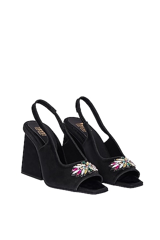 Black Micro-Suede Peep Toe Sling Back Sandals by Veruschka By Payal Kothari 