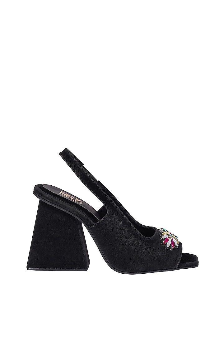 Black Micro-Suede Peep Toe Sling Back Sandals by Veruschka By Payal Kothari at Pernia's Pop Up Shop