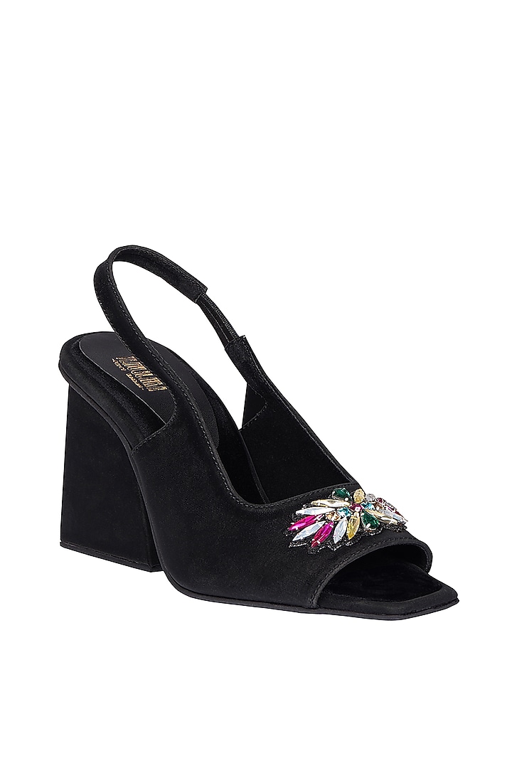 Black Micro-Suede Peep Toe Sling Back Sandals by Veruschka By Payal Kothari at Pernia's Pop Up Shop