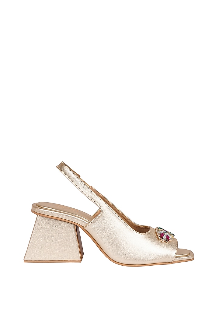 Gold Faux Leather Peep Toe Sling Back Sandals by Veruschka By Payal Kothari  at Pernia's Pop Up Shop