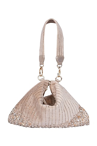 Cream Suede Crystal Embellished Hobo Bag by Veruschka By Payal Kothari
