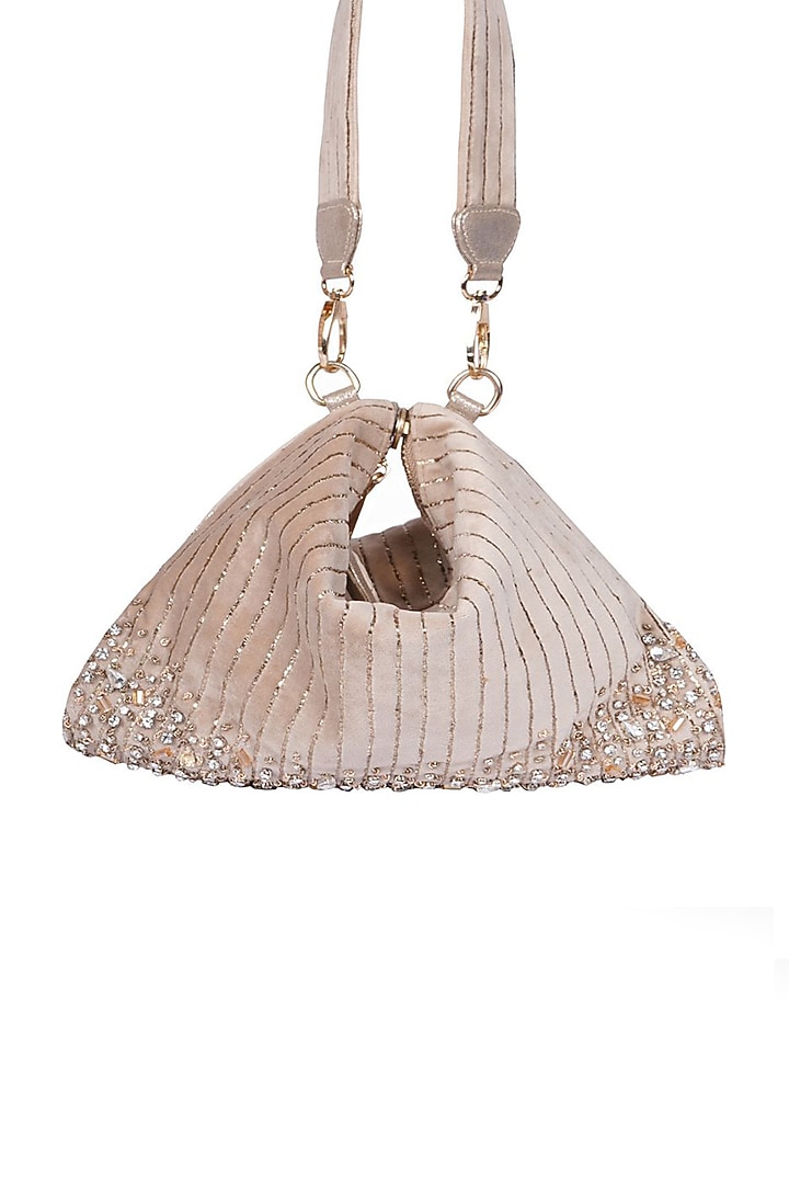 Cream Suede Crystal Embellished Hobo Bag by Veruschka By Payal Kothari at Pernia's Pop Up Shop