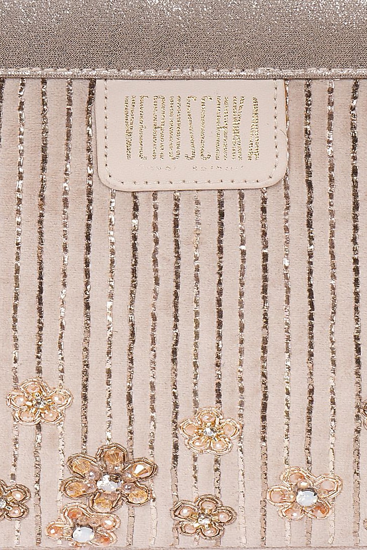 Cream Suede Gold Embroidery Tote Bag by Veruschka By Payal Kothari at Pernia's Pop Up Shop