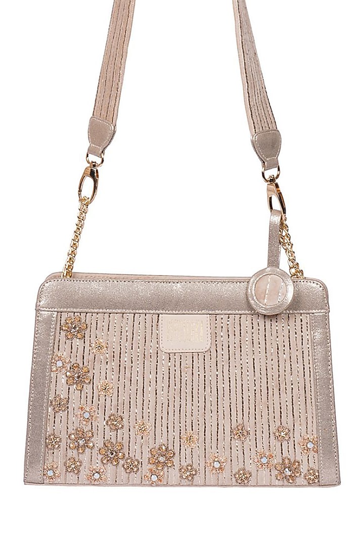 Cream Suede Gold Embroidery Tote Bag by Veruschka By Payal Kothari at Pernia's Pop Up Shop