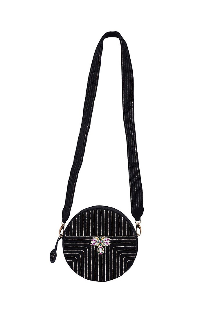 Black Suede Gold Pitta Embroidered Round Bag by Veruschka By Payal Kothari at Pernia's Pop Up Shop