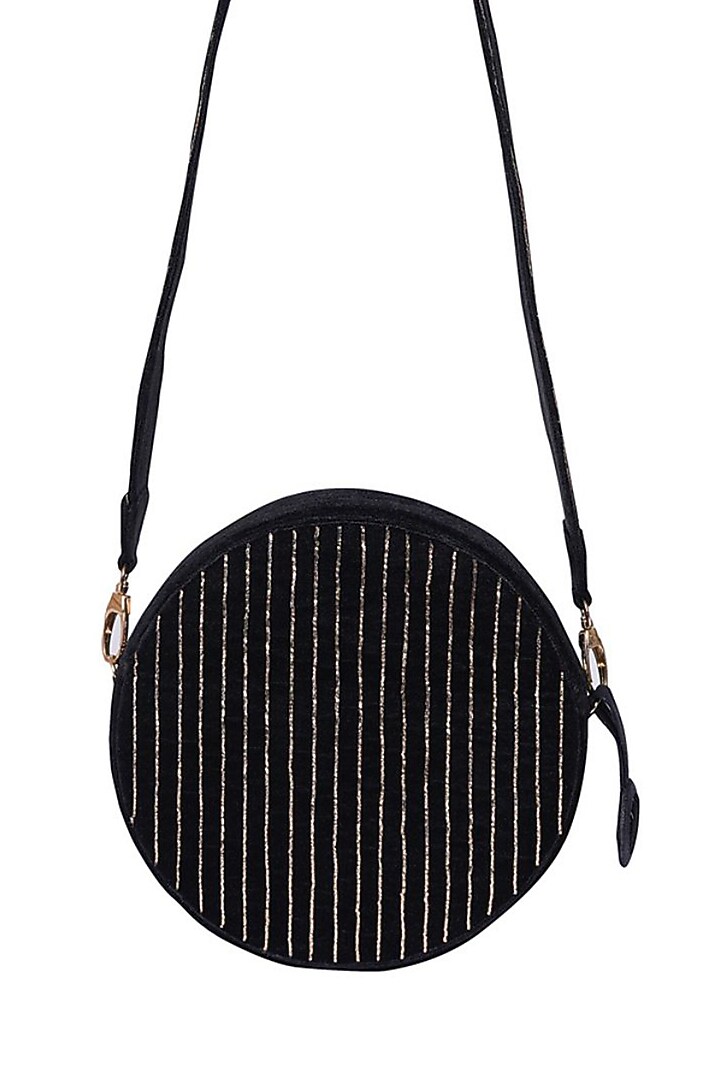 Black Suede Gold Pitta Embroidered Round Bag by Veruschka By Payal Kothari at Pernia's Pop Up Shop