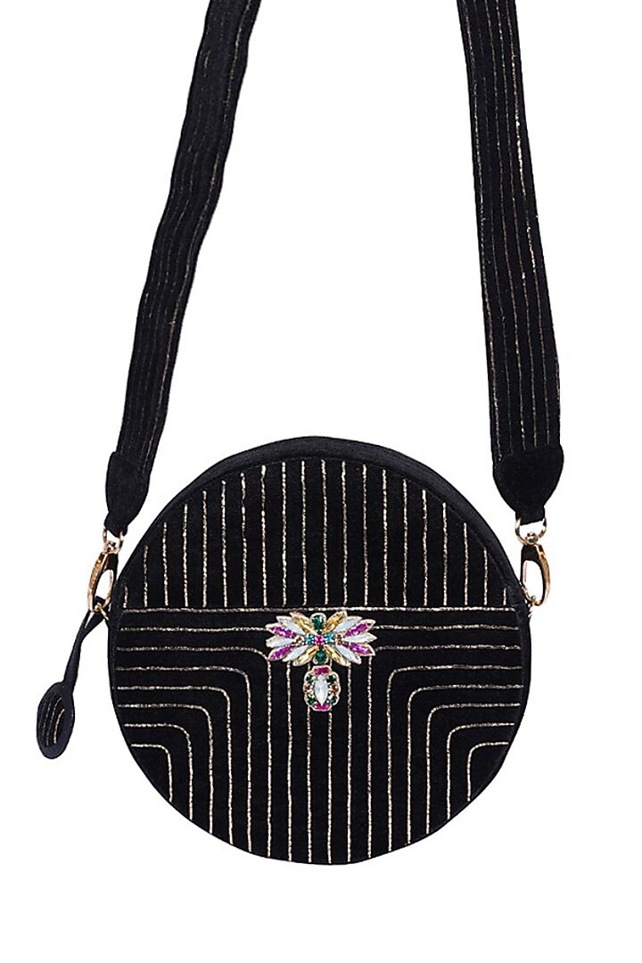 Black Suede Gold Pitta Embroidered Round Bag by Veruschka By Payal Kothari at Pernia's Pop Up Shop