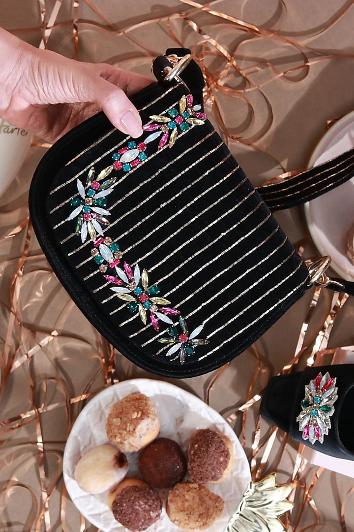 Black Suede Crystal Embroidered Saddle Bag by Veruschka By Payal Kothari