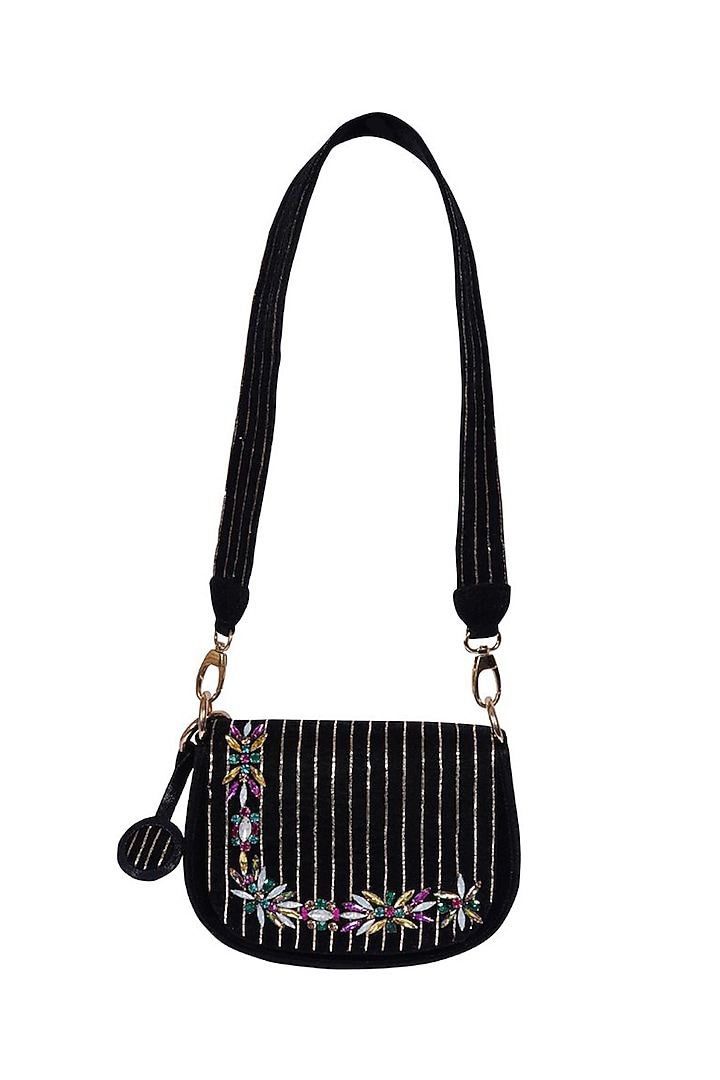 Black Suede Crystal Embroidered Saddle Bag by Veruschka By Payal Kothari at Pernia's Pop Up Shop