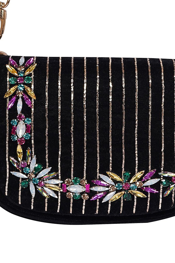 Black Suede Crystal Embroidered Saddle Bag by Veruschka By Payal Kothari at Pernia's Pop Up Shop