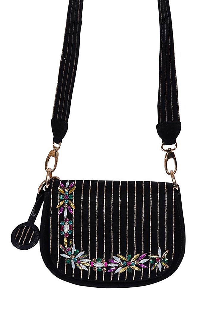 Black Suede Crystal Embroidered Saddle Bag by Veruschka By Payal Kothari at Pernia's Pop Up Shop