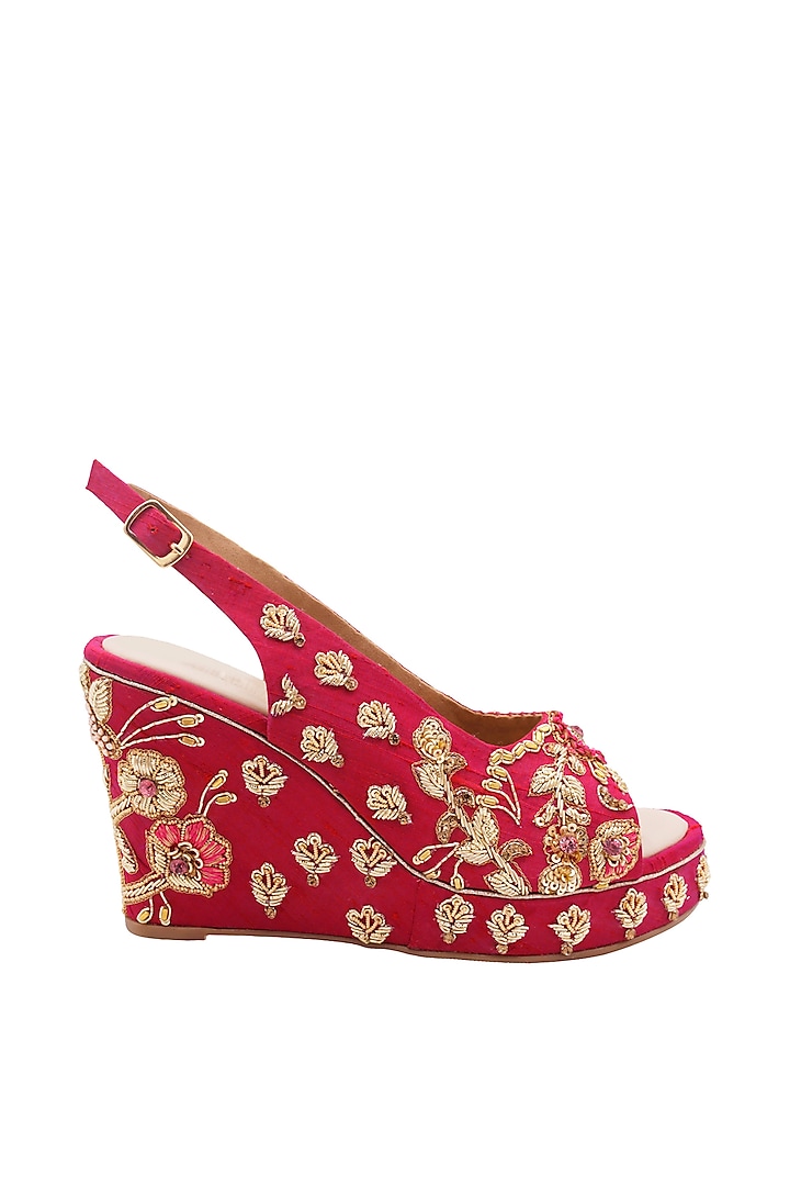 Hot Pink Raw Silk & Vegan Leather Embroidered Heeled Sandals by Veruschka By Payal Kothari