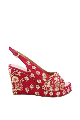 Hot Pink Raw Silk & Vegan Leather Embroidered Heeled Sandals by Veruschka By Payal Kothari