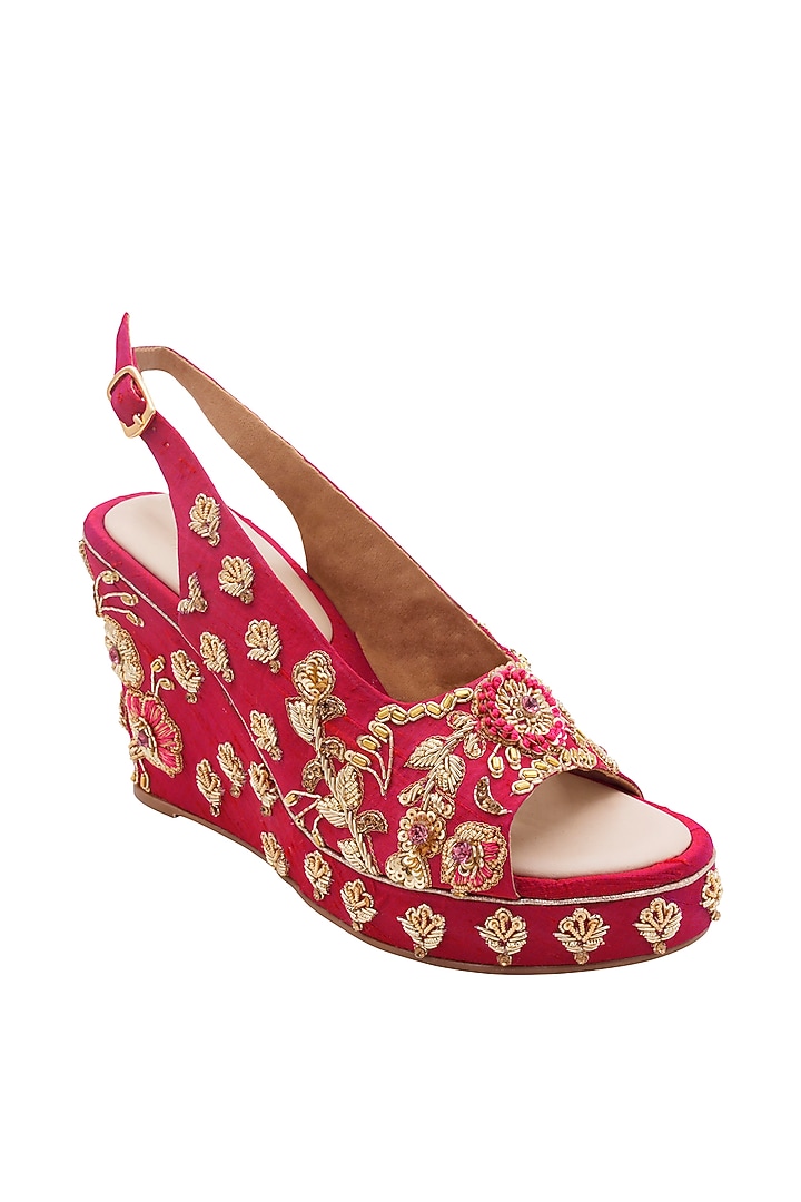 Hot Pink Raw Silk & Vegan Leather Embroidered Heeled Sandals by Veruschka By Payal Kothari at Pernia's Pop Up Shop