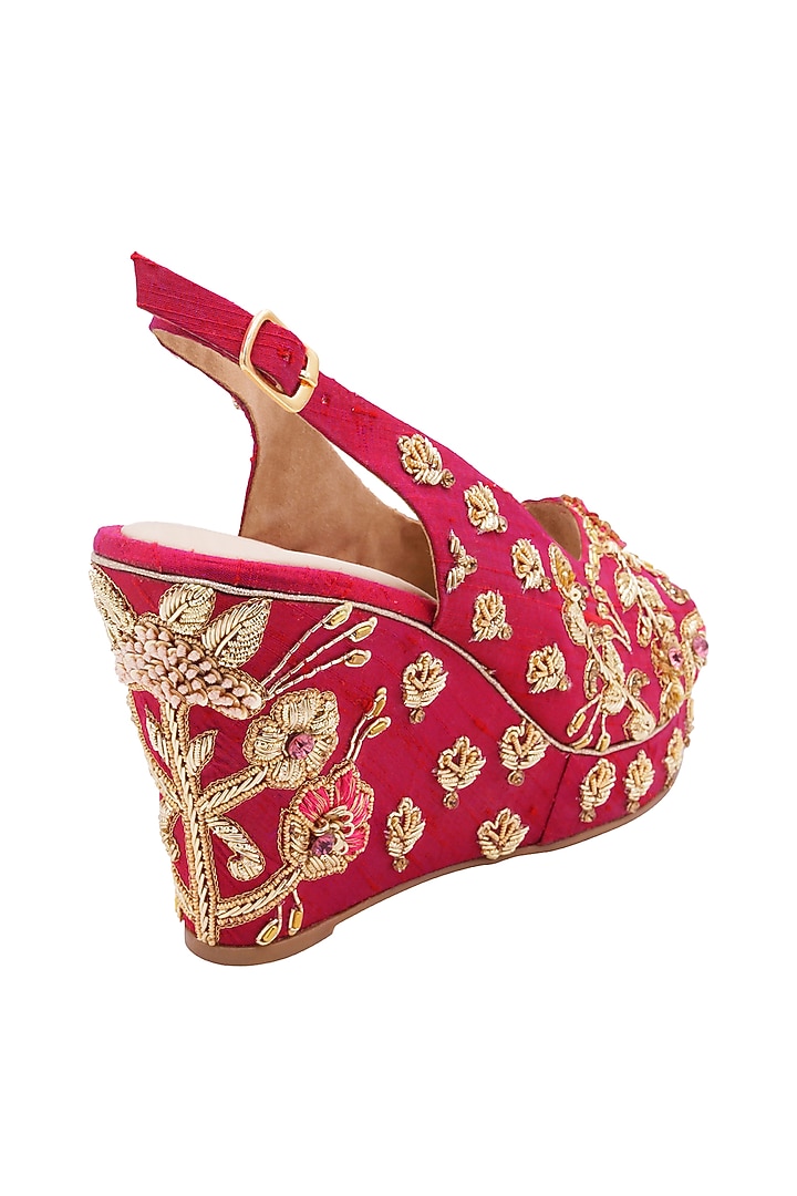 Hot Pink Raw Silk & Vegan Leather Embroidered Heeled Sandals by Veruschka By Payal Kothari at Pernia's Pop Up Shop