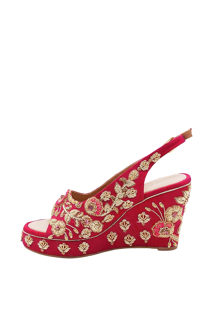 Hot Pink Raw Silk & Vegan Leather Embroidered Heeled Sandals by Veruschka By Payal Kothari at Pernia's Pop Up Shop
