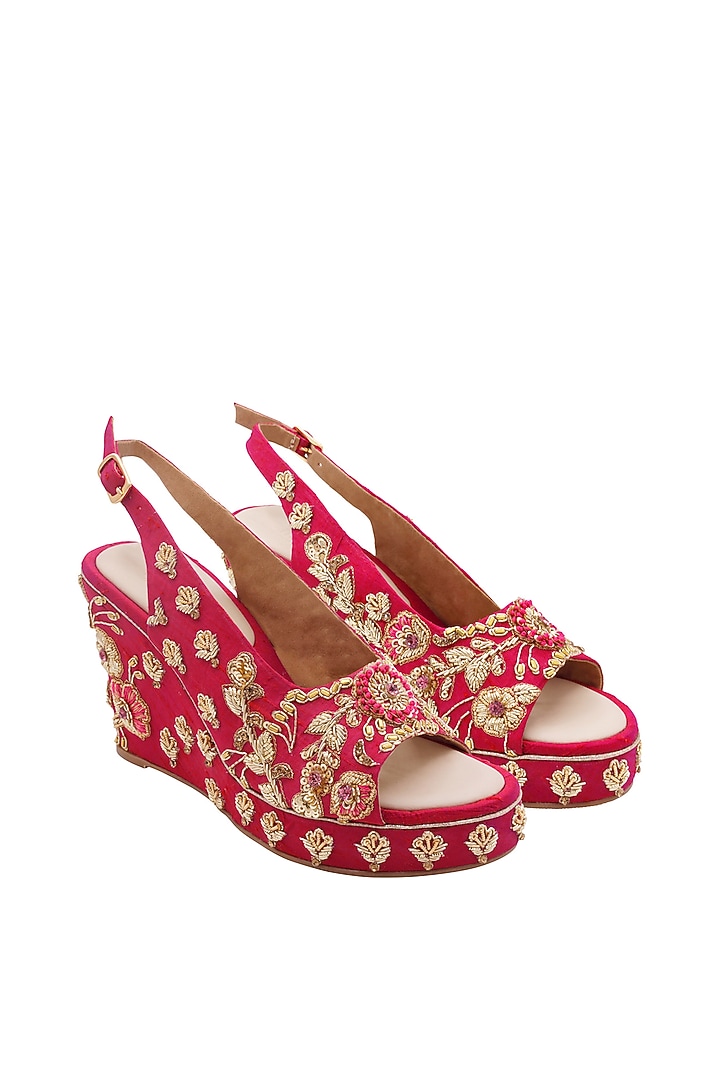 Hot Pink Raw Silk & Vegan Leather Embroidered Heeled Sandals by Veruschka By Payal Kothari at Pernia's Pop Up Shop
