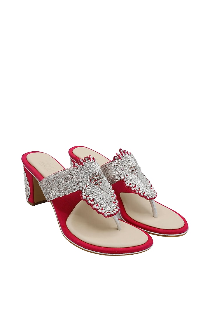 Hot Pink Raw Silk & Vegan Leather Embroidered Heeled Sandals by Veruschka By Payal Kothari at Pernia's Pop Up Shop