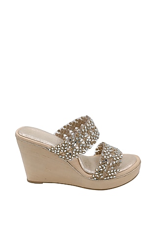 Gold Raw Silk Embellished Heeled Sandals by Veruschka By Payal Kothari