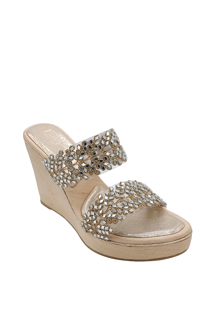 Gold Raw Silk Embellished Heeled Sandals by Veruschka By Payal Kothari at Pernia's Pop Up Shop