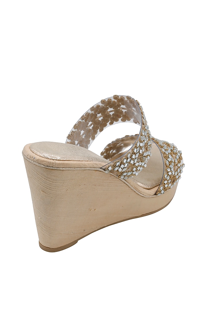 Gold Raw Silk Embellished Heeled Sandals by Veruschka By Payal Kothari at Pernia's Pop Up Shop