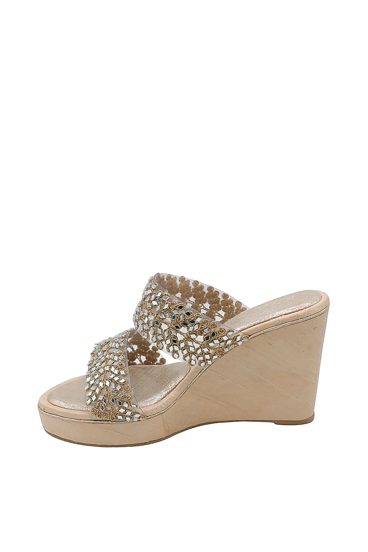 Gold Raw Silk Embellished Heeled Sandals by Veruschka By Payal Kothari at Pernia's Pop Up Shop
