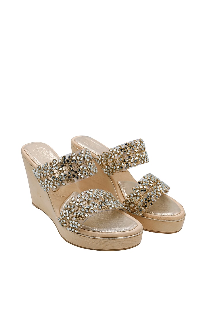 Gold Raw Silk Embellished Heeled Sandals by Veruschka By Payal Kothari at Pernia's Pop Up Shop