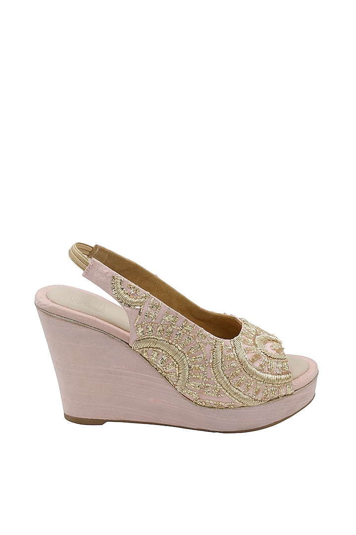 Pink Raw Silk & Vegan Leather Embroidered Wedges by Veruschka By Payal Kothari