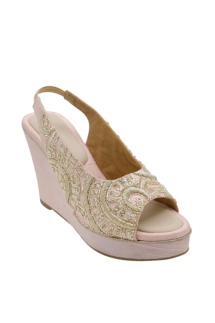 Pink Raw Silk & Vegan Leather Embroidered Wedges by Veruschka By Payal Kothari at Pernia's Pop Up Shop