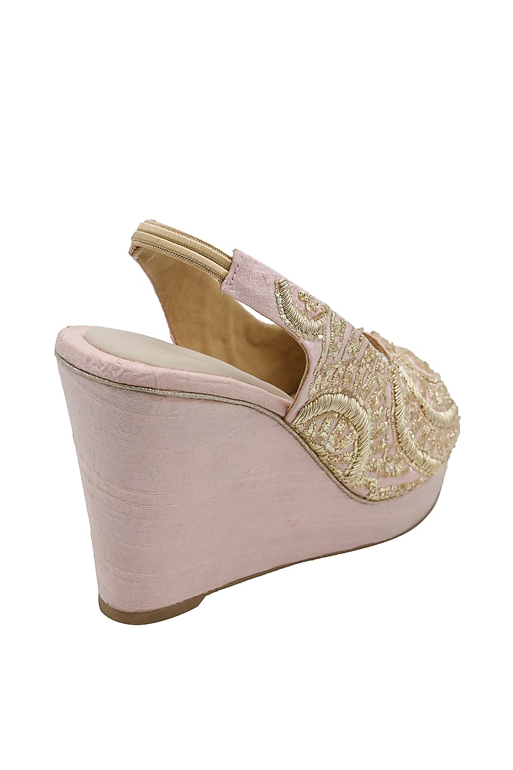 Pink Raw Silk & Vegan Leather Embroidered Wedges by Veruschka By Payal Kothari at Pernia's Pop Up Shop