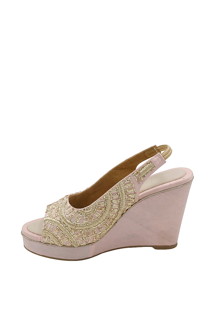 Pink Raw Silk & Vegan Leather Embroidered Wedges by Veruschka By Payal Kothari at Pernia's Pop Up Shop