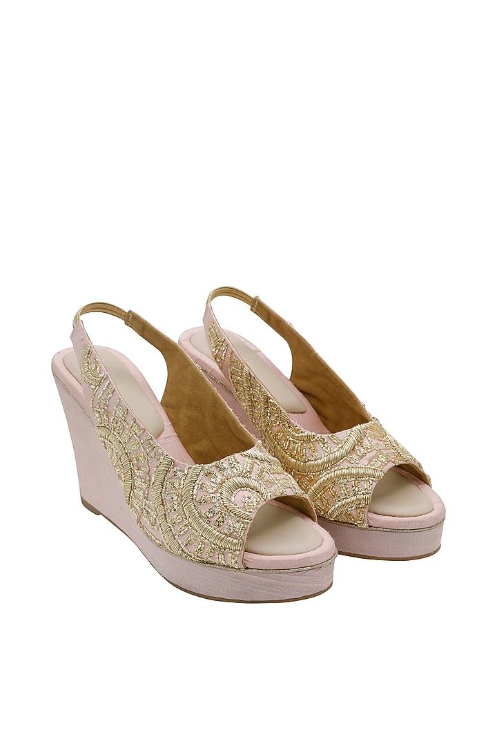 Pink Raw Silk & Vegan Leather Embroidered Wedges by Veruschka By Payal Kothari at Pernia's Pop Up Shop