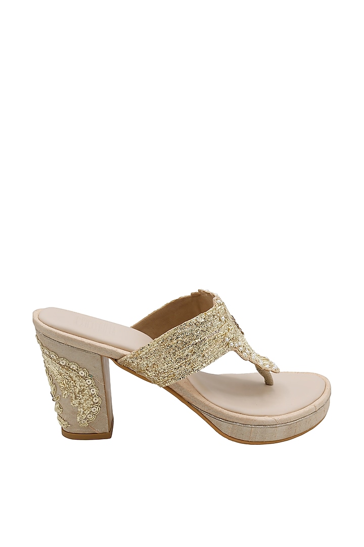 Gold Raw Silk & Vegan Leather Embroidered Heeled Sandals by Veruschka By Payal Kothari