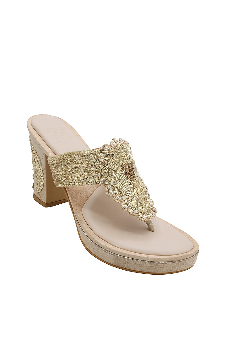 Gold Raw Silk & Vegan Leather Embroidered Heeled Sandals by Veruschka By Payal Kothari at Pernia's Pop Up Shop