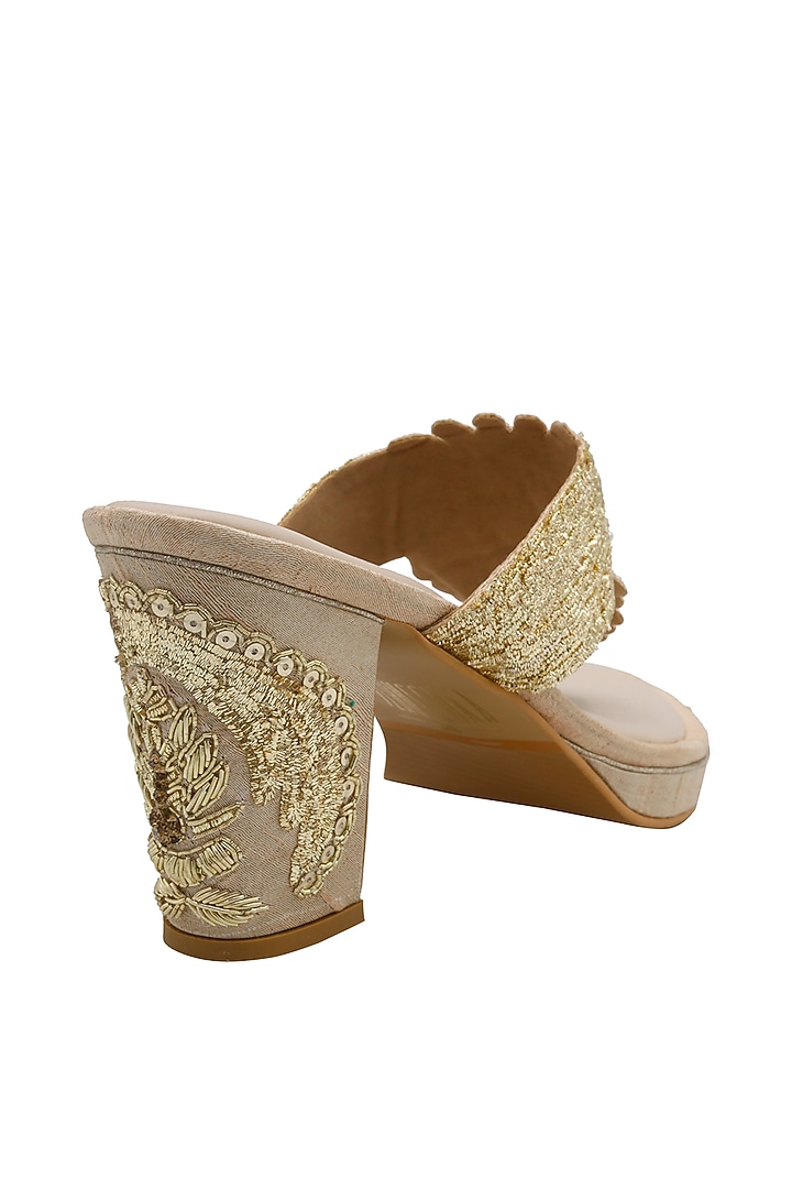 Gold Raw Silk & Vegan Leather Embroidered Heeled Sandals by Veruschka By Payal Kothari at Pernia's Pop Up Shop