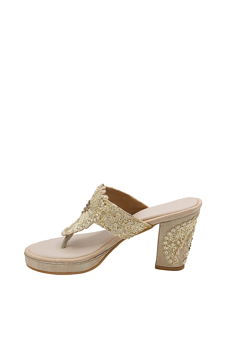 Gold Raw Silk & Vegan Leather Embroidered Heeled Sandals by Veruschka By Payal Kothari at Pernia's Pop Up Shop