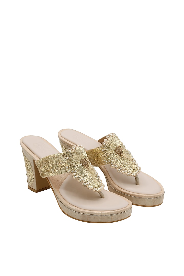 Gold Raw Silk & Vegan Leather Embroidered Heeled Sandals by Veruschka By Payal Kothari at Pernia's Pop Up Shop