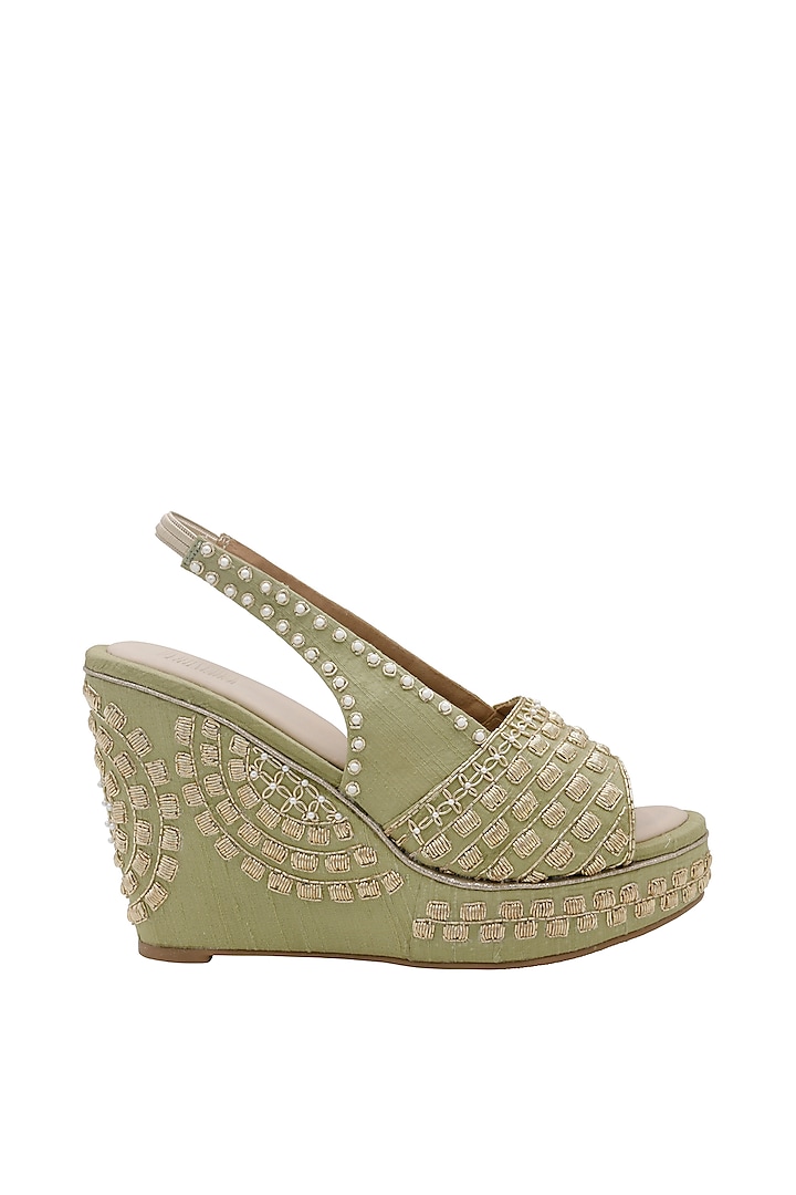 Sage Green Raw Silk & Vegan Leather Embroidered Wedges by Veruschka By Payal Kothari