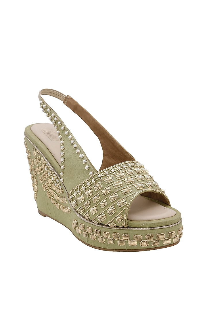 Sage Green Raw Silk & Vegan Leather Embroidered Wedges by Veruschka By Payal Kothari at Pernia's Pop Up Shop