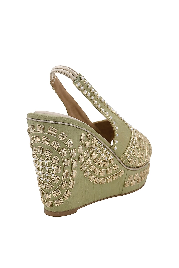Sage Green Raw Silk & Vegan Leather Embroidered Wedges by Veruschka By Payal Kothari at Pernia's Pop Up Shop