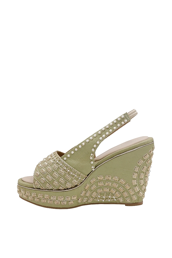 Sage Green Raw Silk & Vegan Leather Embroidered Wedges by Veruschka By Payal Kothari at Pernia's Pop Up Shop