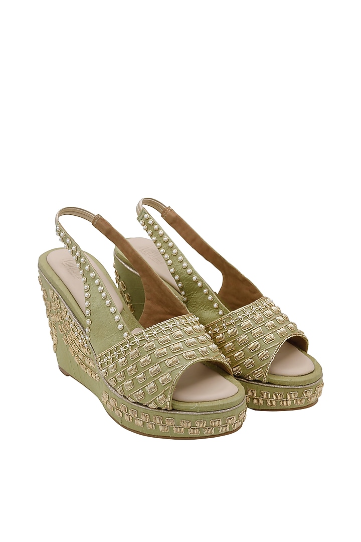 Sage Green Raw Silk & Vegan Leather Embroidered Wedges by Veruschka By Payal Kothari at Pernia's Pop Up Shop