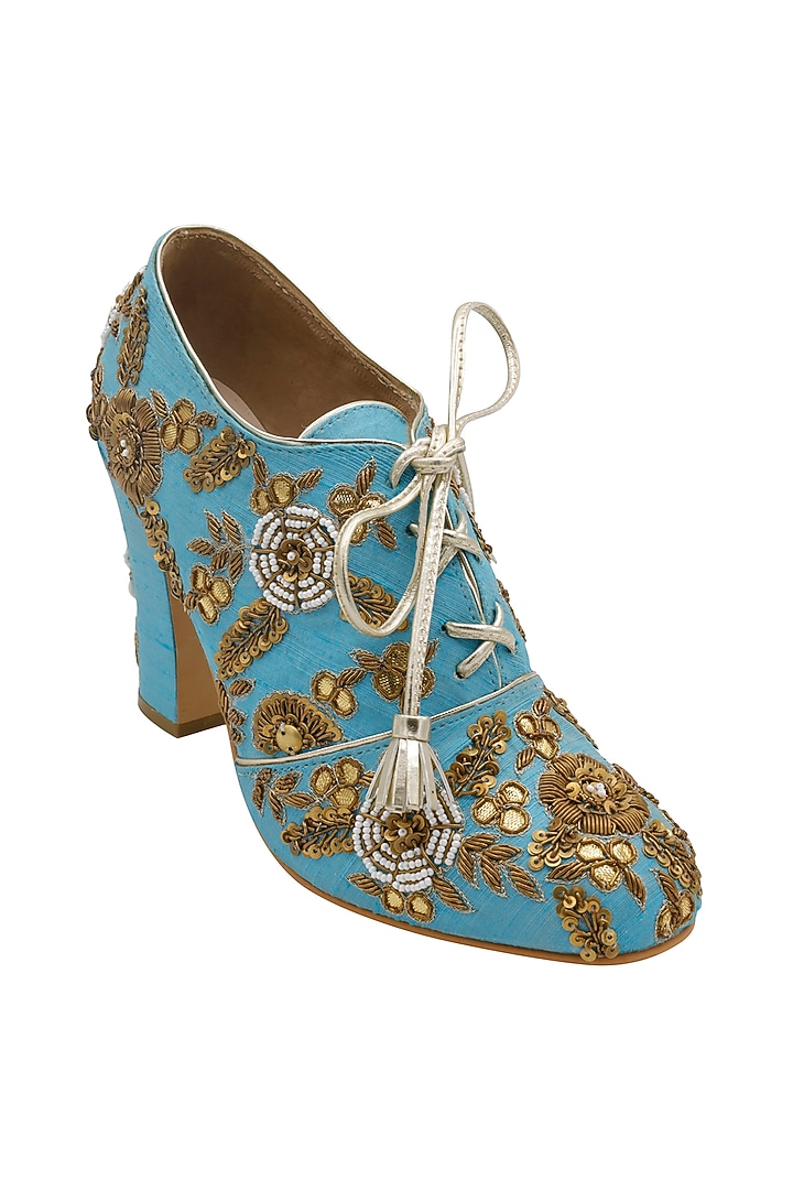Turquoise Raw Silk Embroidered Boots by Veruschka By Payal Kothari at Pernia's Pop Up Shop